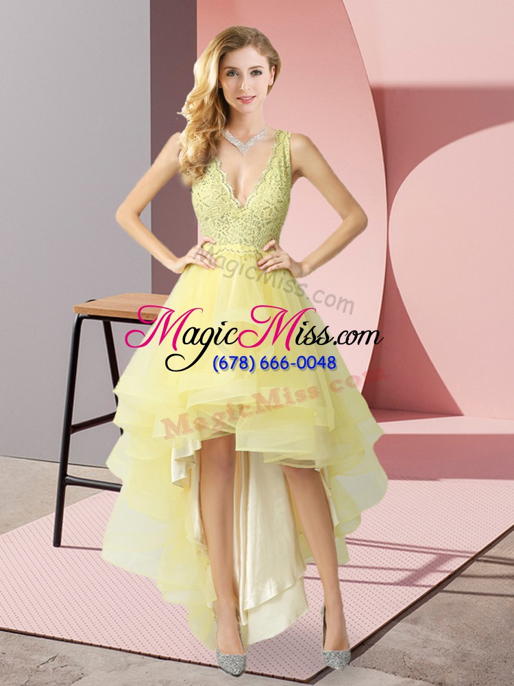 wholesale yellow v-neck backless beading and lace wedding party dress sleeveless