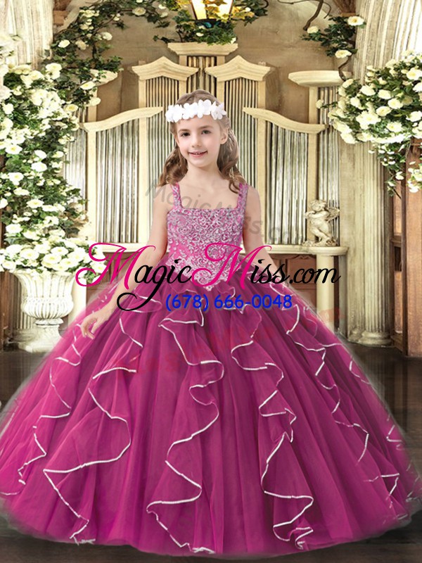 wholesale luxurious fuchsia sleeveless floor length beading and ruffles lace up girls pageant dresses