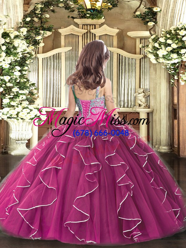 wholesale luxurious fuchsia sleeveless floor length beading and ruffles lace up girls pageant dresses