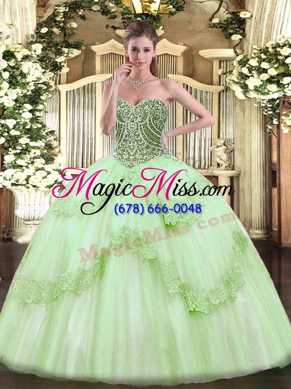 wholesale sleeveless tulle floor length lace up sweet 16 dress in apple green with beading and appliques