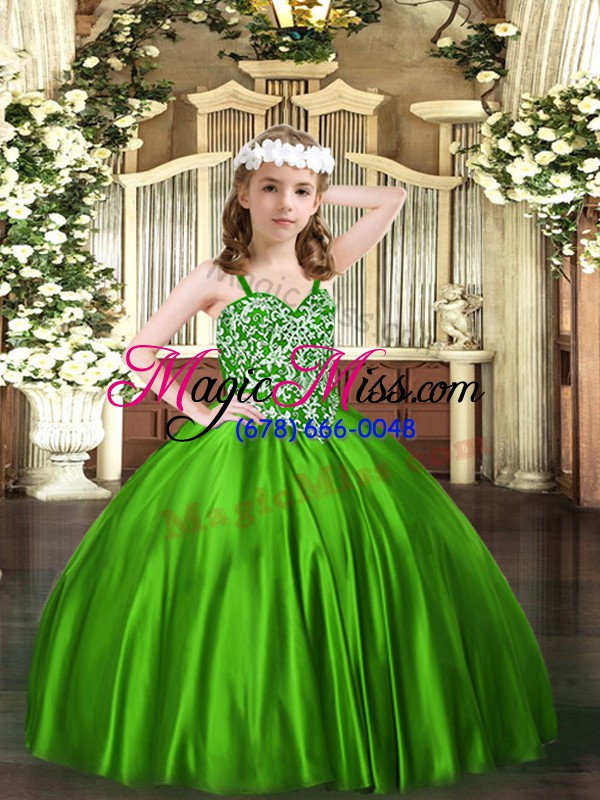 wholesale green ball gowns straps sleeveless satin floor length lace up beading pageant dress for womens