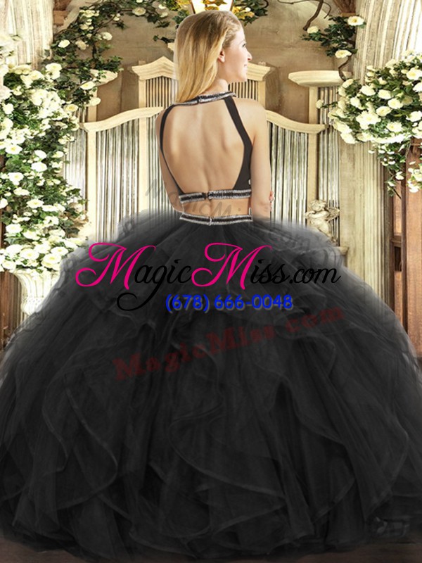 wholesale halter top sleeveless backless quinceanera gown black tulle