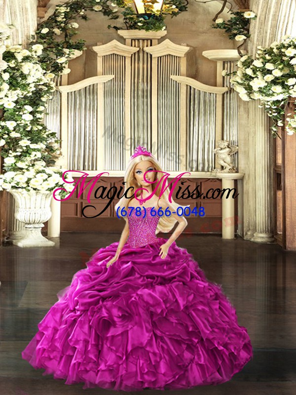 wholesale admirable fuchsia sweetheart lace up beading and ruffles quince ball gowns sleeveless