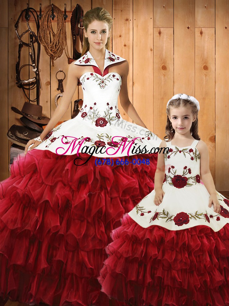 wholesale wine red tulle lace up halter top sleeveless floor length sweet 16 quinceanera dress embroidery and ruffles