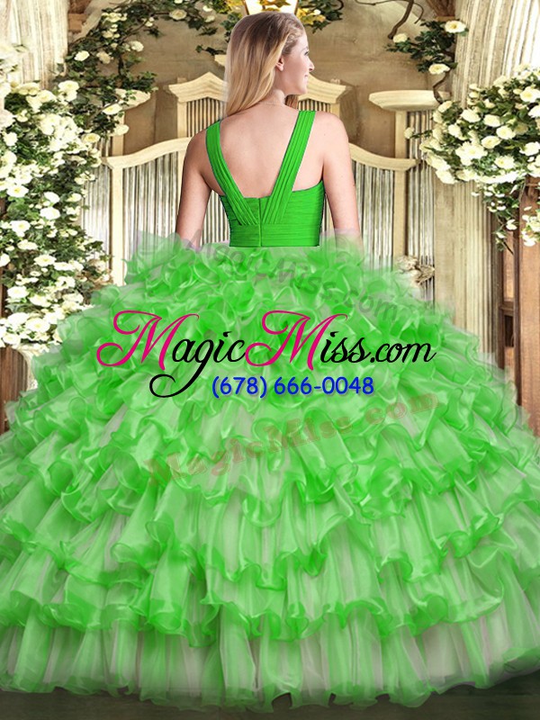 wholesale yellow green v-neck neckline ruffled layers ball gown prom dress sleeveless zipper