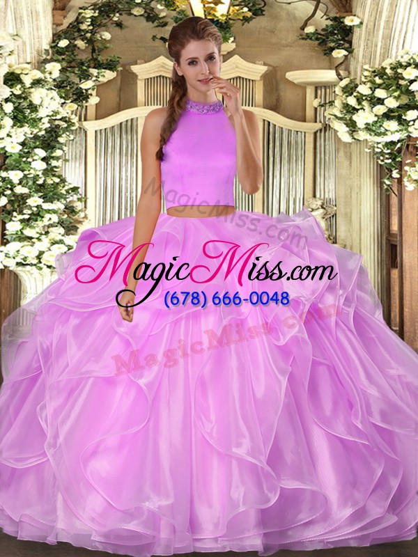 wholesale sleeveless floor length beading and ruffles backless quince ball gowns with lilac