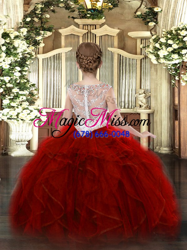 wholesale most popular wine red ball gowns scoop sleeveless organza floor length zipper beading and ruffles custom made pageant dress