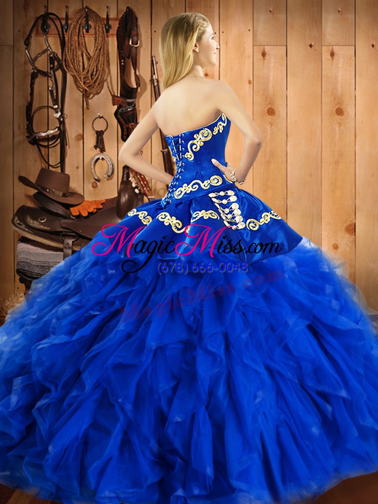 wholesale exceptional satin and organza sweetheart sleeveless lace up embroidery and ruffles sweet 16 quinceanera dress in blue