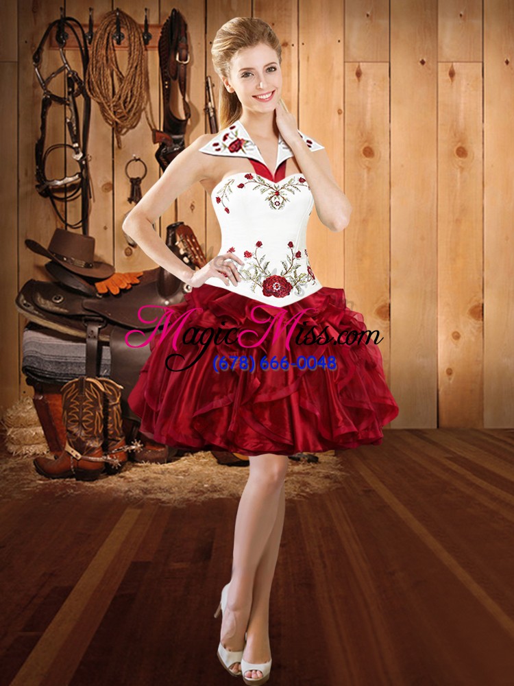 wholesale halter top sleeveless organza 15th birthday dress embroidery and ruffles lace up