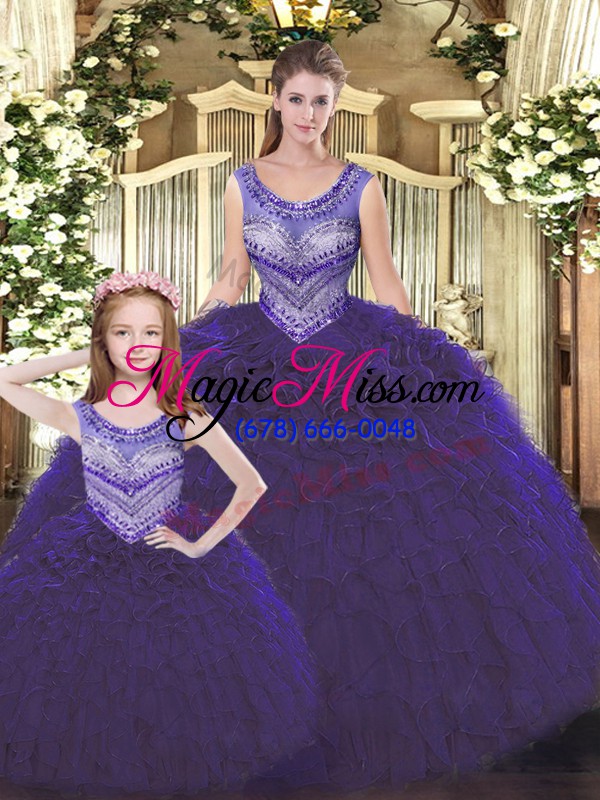 wholesale fantastic dark purple sleeveless tulle lace up quinceanera dresses for military ball and sweet 16 and quinceanera