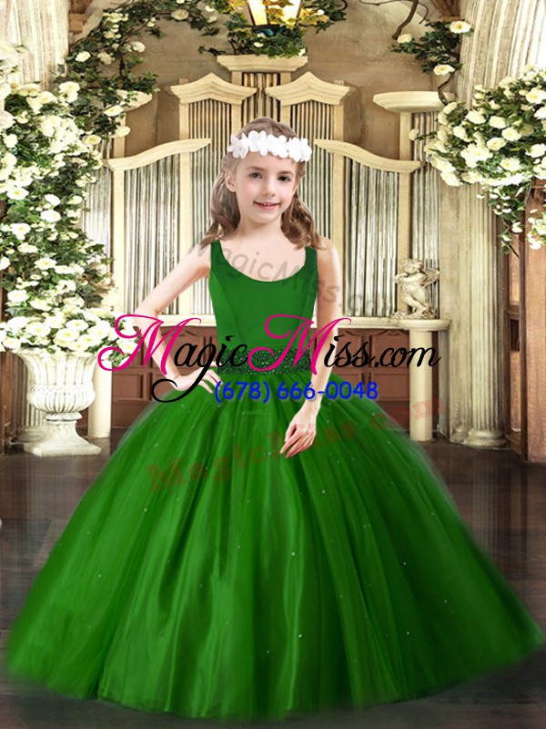 wholesale tulle scoop sleeveless zipper beading pageant dress in dark green