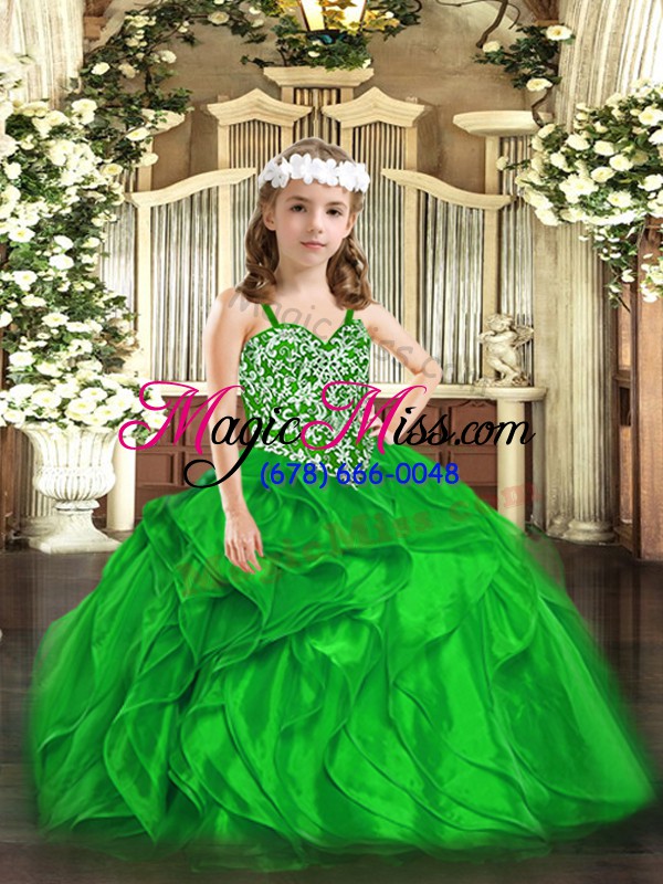 wholesale green sleeveless floor length beading and ruffles lace up little girl pageant gowns