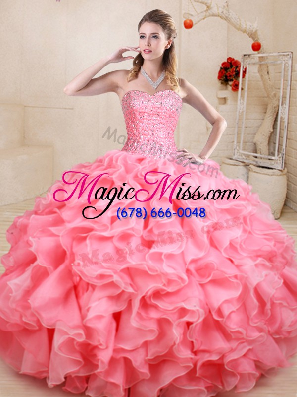 wholesale noble watermelon red organza lace up quinceanera dresses sleeveless floor length beading and ruffles