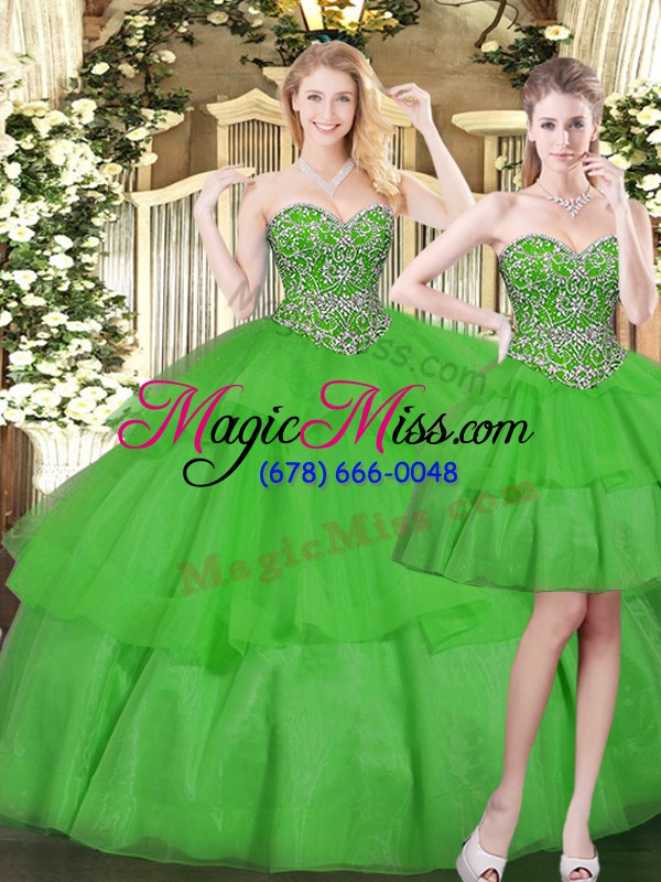 wholesale low price organza sweetheart sleeveless lace up beading and ruffled layers sweet 16 quinceanera dress in green
