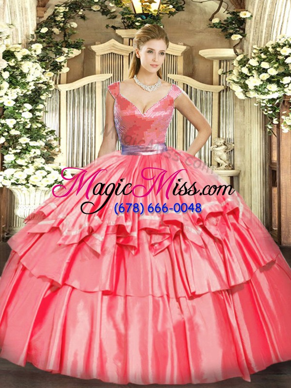 wholesale hot pink sleeveless floor length beading and ruffled layers zipper quinceanera dress