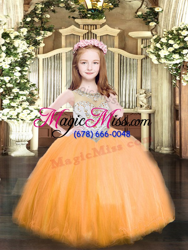 wholesale orange ball gowns beading little girls pageant dress zipper tulle sleeveless floor length
