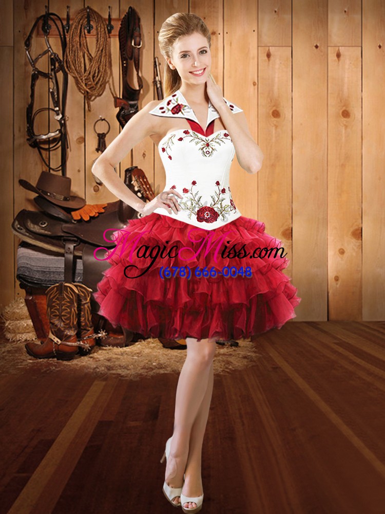 wholesale sleeveless organza floor length lace up 15th birthday dress in wine red with embroidery and ruffled layers