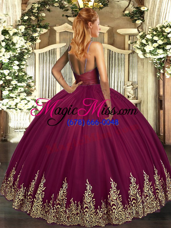 wholesale burgundy ball gowns tulle v-neck sleeveless beading and appliques floor length backless quinceanera gown
