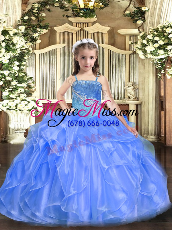 wholesale blue ball gowns organza and sequined straps sleeveless ruffles and sequins floor length lace up little girls pageant dress