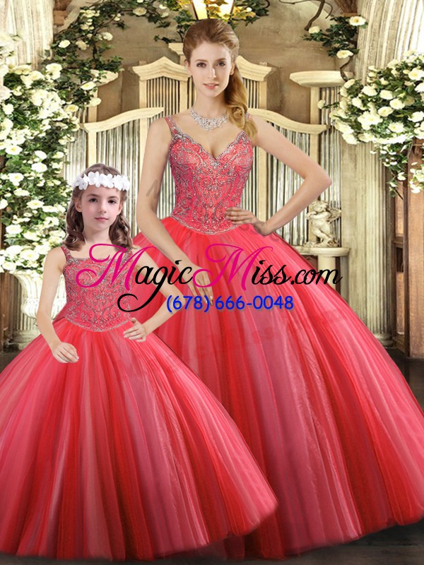 wholesale coral red straps neckline beading quinceanera dresses sleeveless lace up