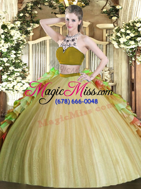 wholesale olive green sleeveless beading and ruffles floor length quinceanera dresses
