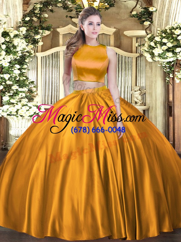 wholesale sexy high-neck sleeveless quince ball gowns floor length ruching orange tulle
