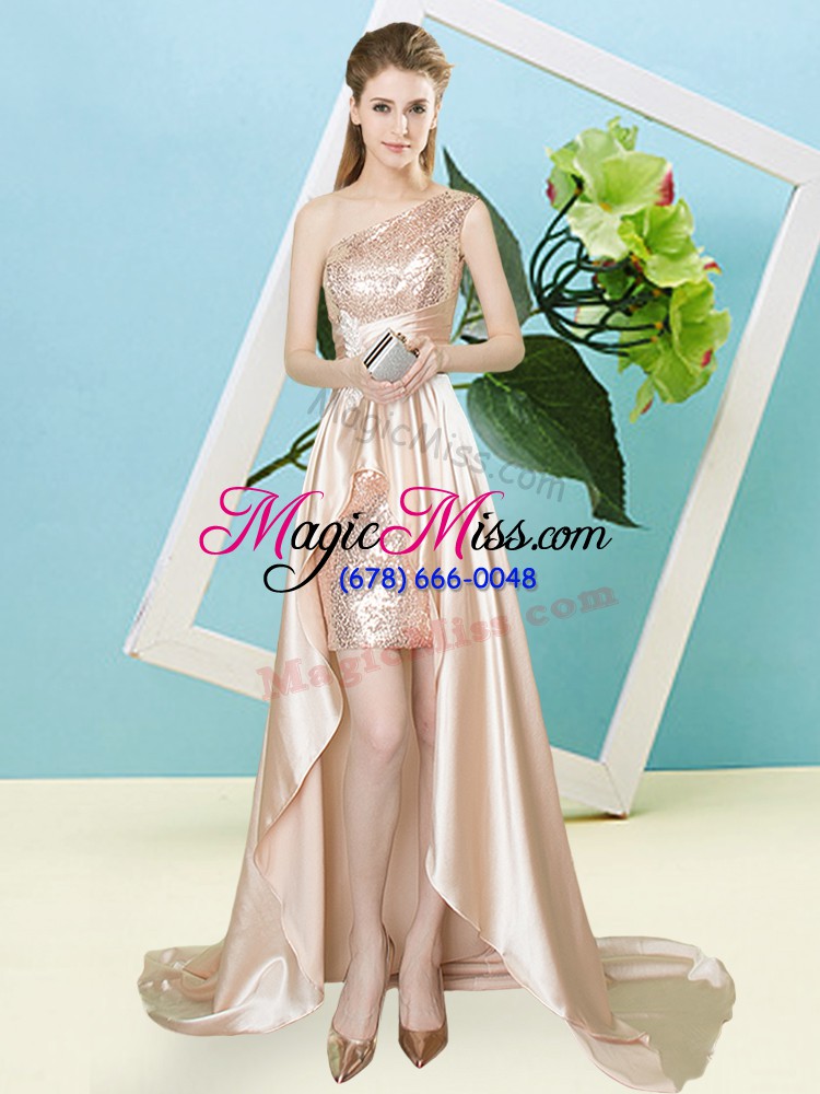 wholesale new style one shoulder sleeveless prom dress high low sequins champagne elastic woven satin and sequined