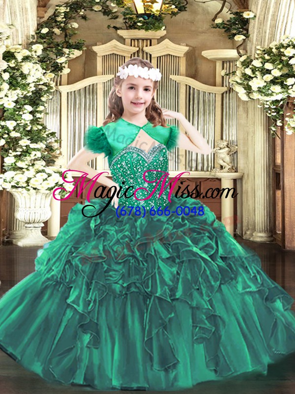 wholesale lovely dark green lace up straps beading and ruffles little girls pageant dress organza sleeveless