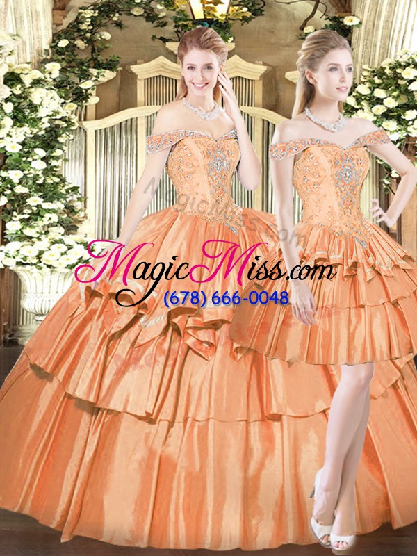 wholesale delicate off the shoulder sleeveless vestidos de quinceanera floor length beading and ruffled layers orange red organza