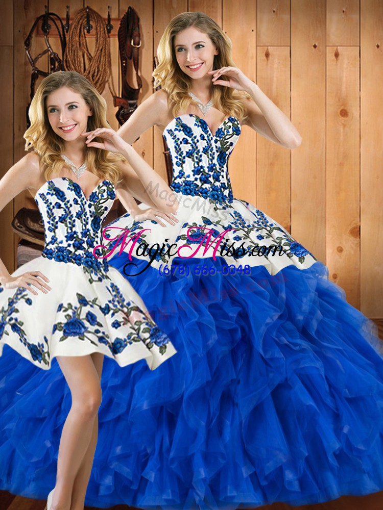 wholesale cheap sweetheart sleeveless satin and organza quince ball gowns embroidery and ruffles lace up