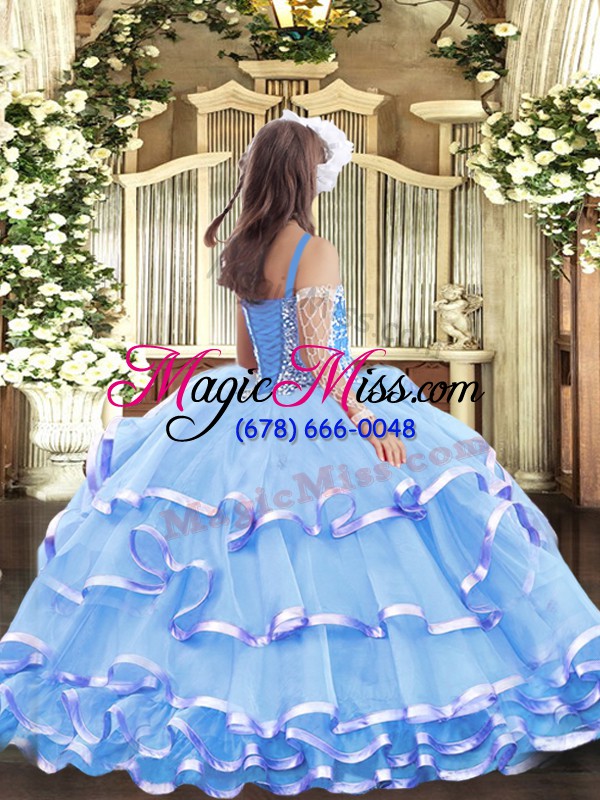 wholesale excellent aqua blue lace up straps beading and ruffled layers little girls pageant dress organza sleeveless