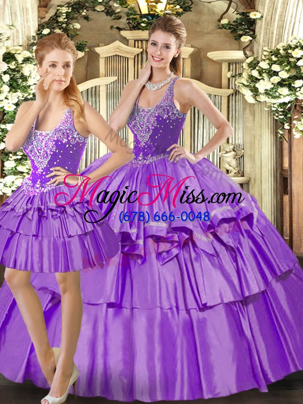 wholesale eggplant purple organza lace up straps sleeveless floor length quinceanera gowns ruffled layers