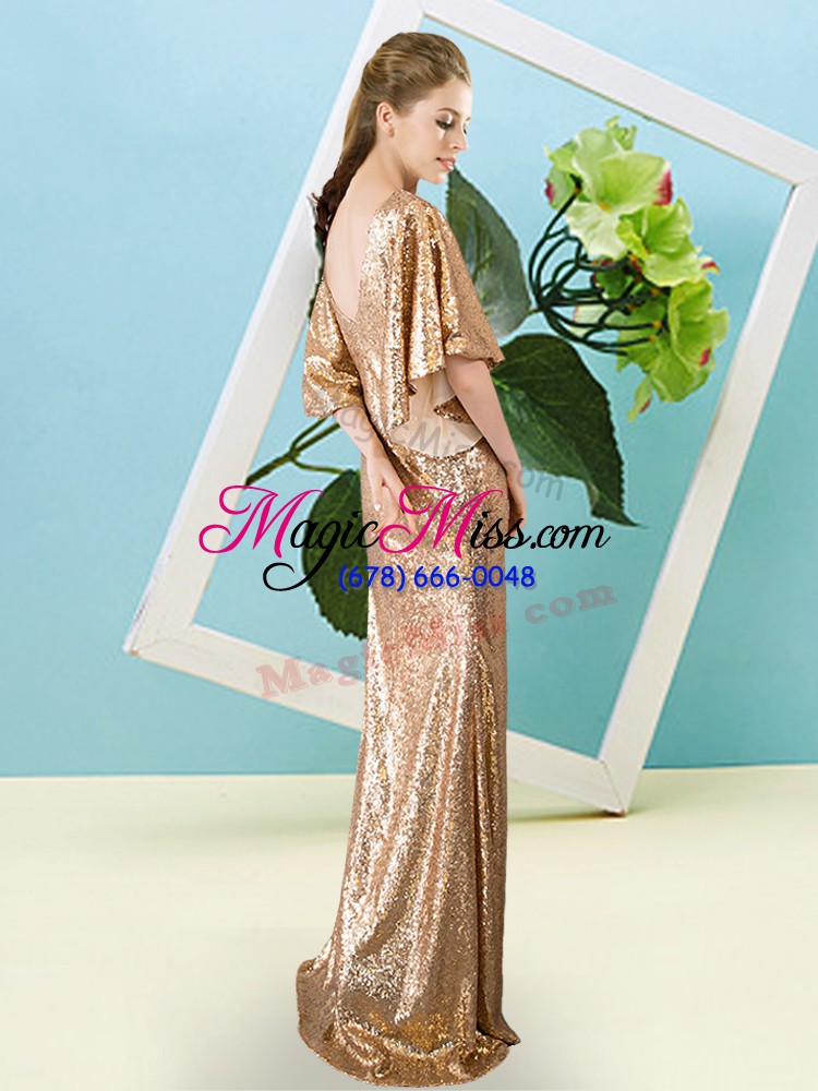 wholesale custom designed v-neck half sleeves zipper evening dress pink sequined