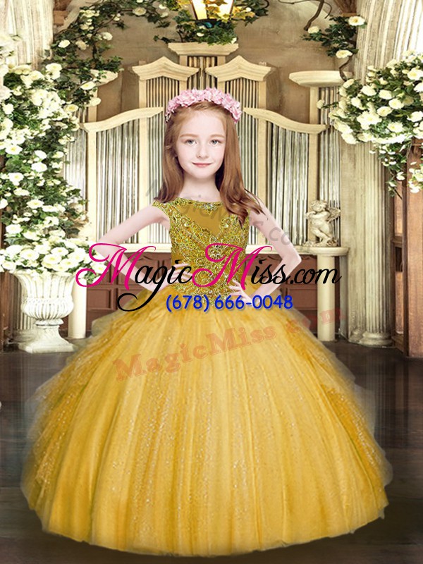wholesale cheap sleeveless floor length beading and ruffles zipper little girl pageant gowns with gold