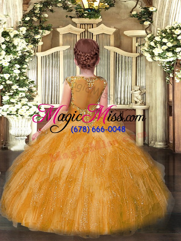 wholesale cheap sleeveless floor length beading and ruffles zipper little girl pageant gowns with gold
