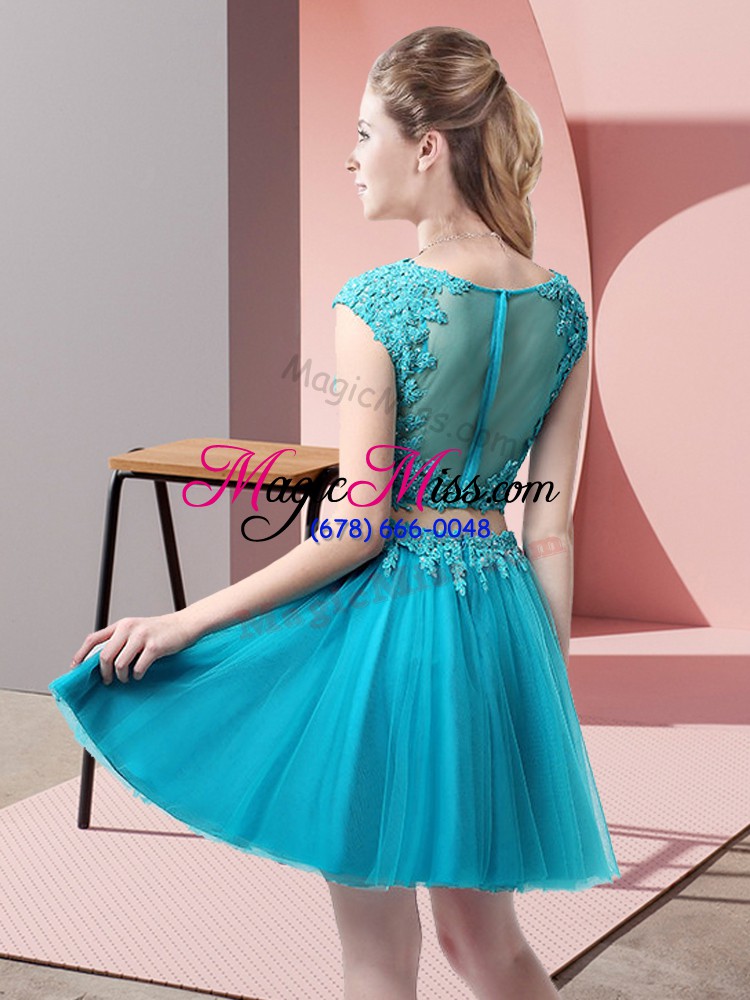 wholesale blue two pieces tulle scoop sleeveless appliques mini length zipper prom evening gown
