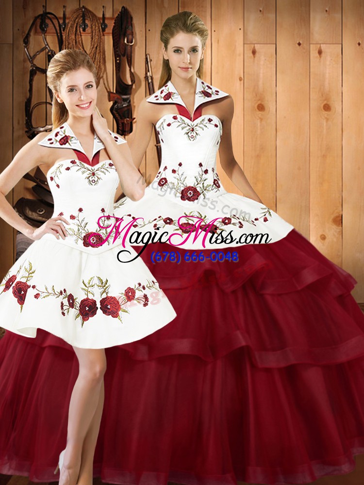 wholesale sweep train three pieces sweet 16 dress wine red halter top satin and organza sleeveless with train lace up