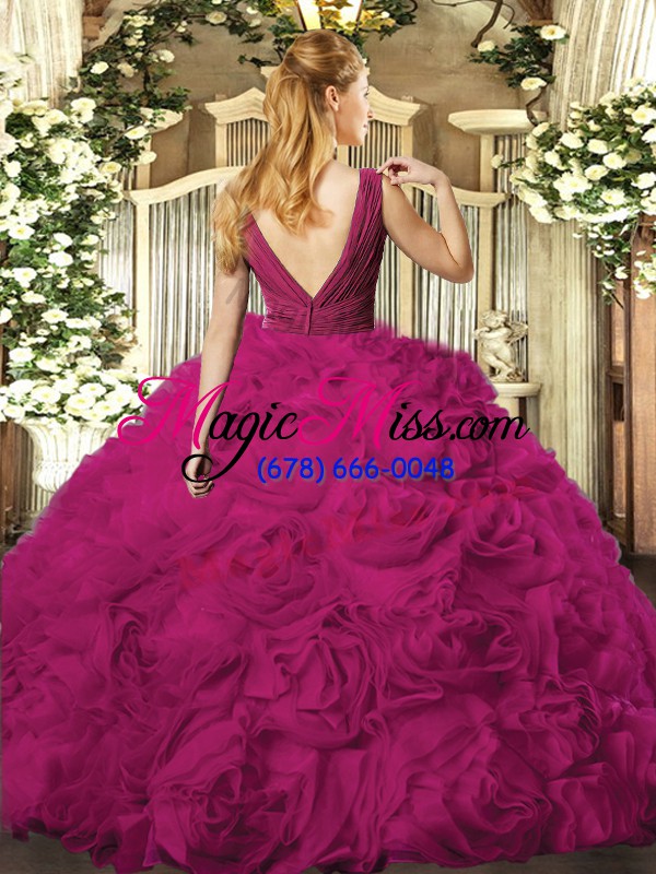 wholesale fuchsia ball gowns organza and fabric with rolling flowers v-neck sleeveless beading floor length backless quinceanera gowns