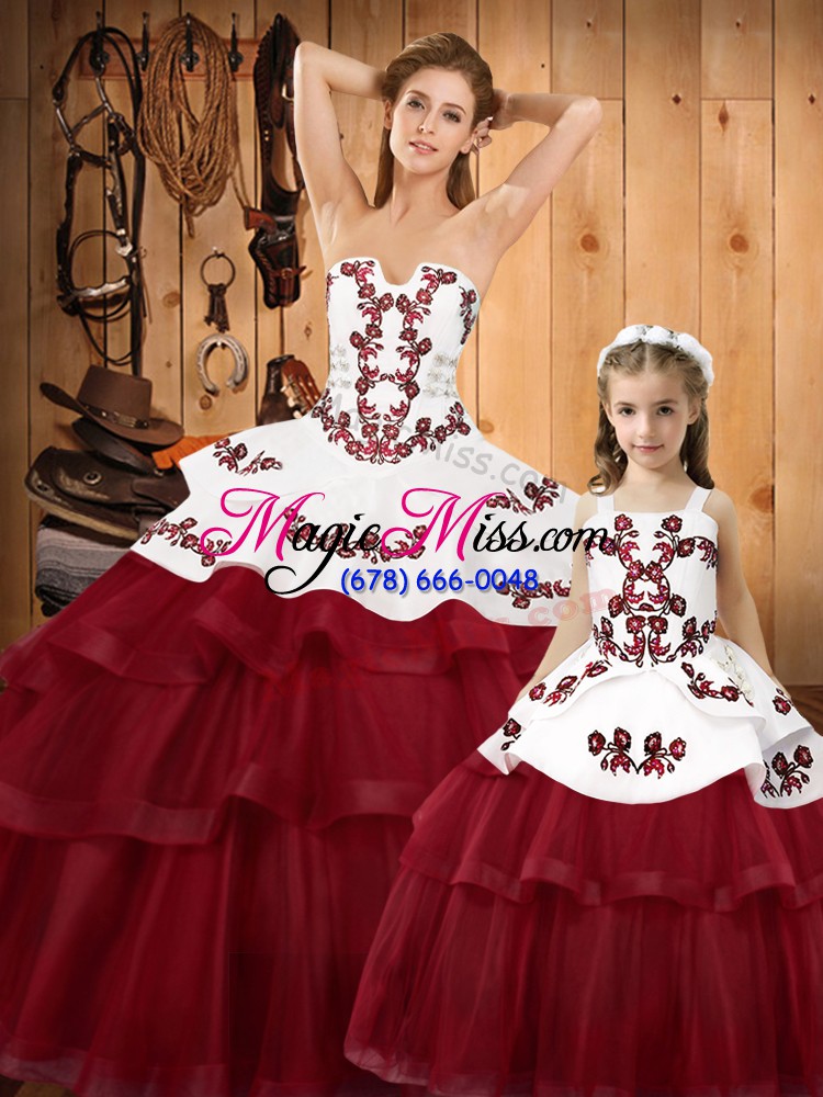 wholesale wonderful wine red organza lace up strapless sleeveless sweet 16 dress sweep train embroidery