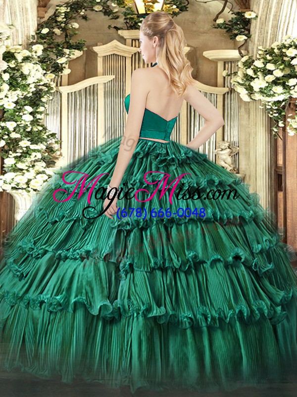 wholesale custom fit green sleeveless floor length ruffled layers zipper sweet 16 quinceanera dress