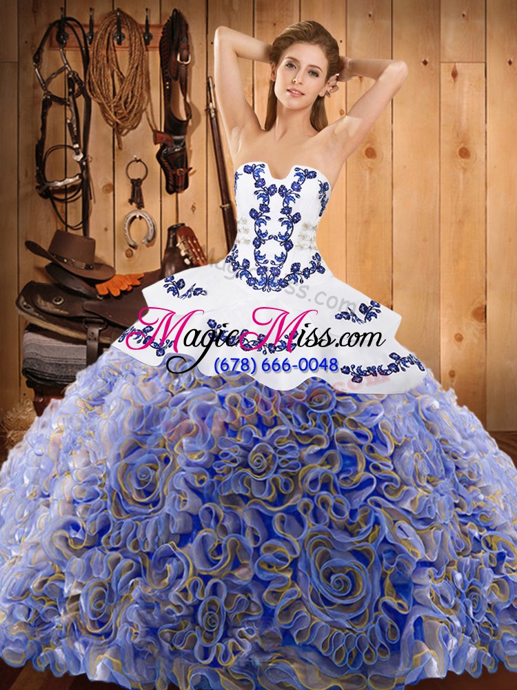 wholesale satin and fabric with rolling flowers strapless sleeveless sweep train lace up embroidery quinceanera gown in multi-color