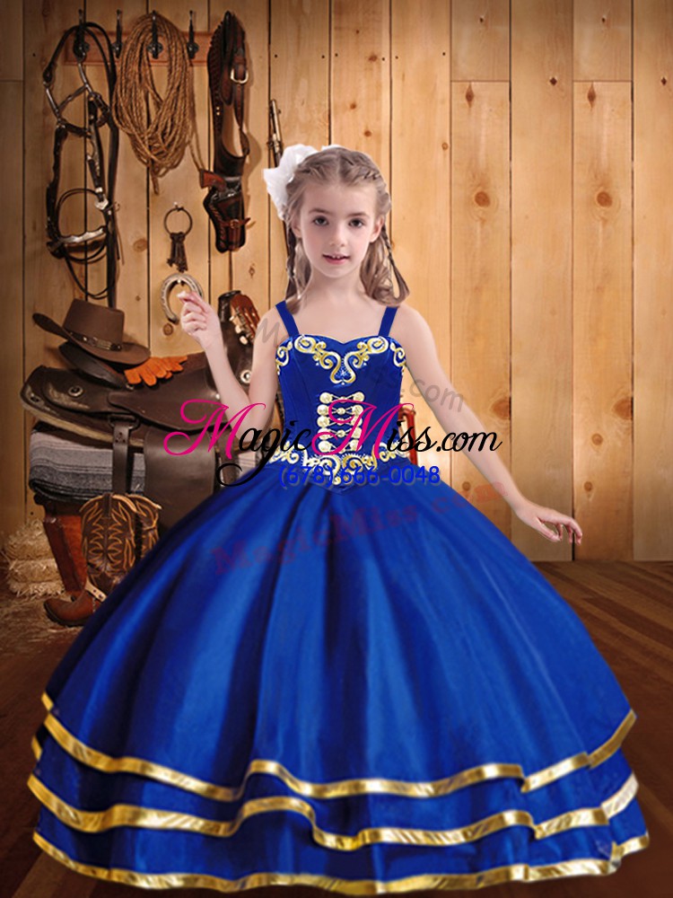 wholesale organza straps sleeveless lace up embroidery and ruffled layers girls pageant dresses in royal blue