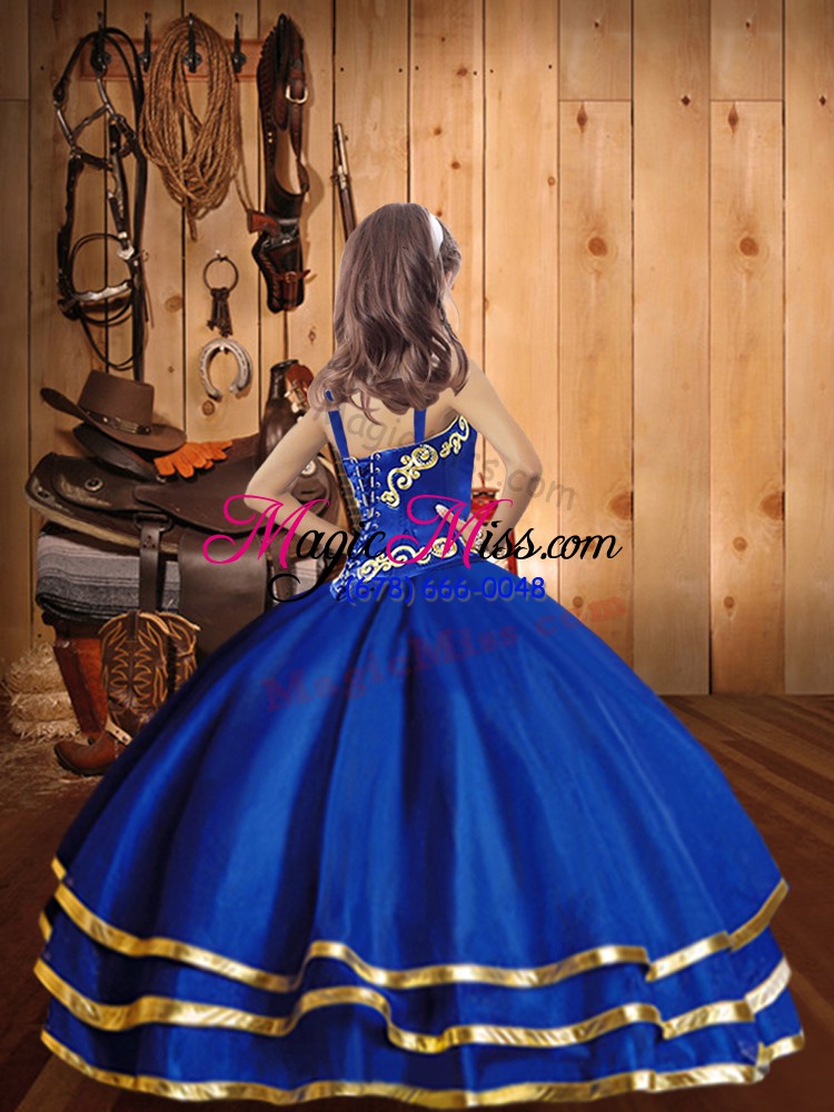 wholesale organza straps sleeveless lace up embroidery and ruffled layers girls pageant dresses in royal blue