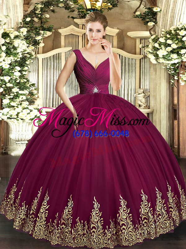 wholesale enchanting burgundy v-neck backless beading and appliques and ruching vestidos de quinceanera sleeveless