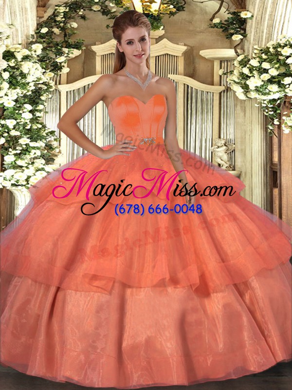 wholesale best selling sleeveless floor length beading and ruffled layers lace up quinceanera dress with orange red