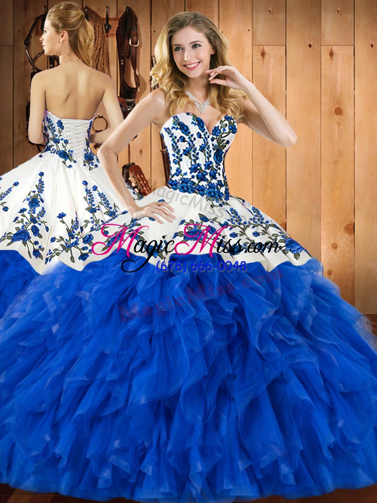 wholesale blue sleeveless floor length embroidery and ruffles lace up quinceanera dresses