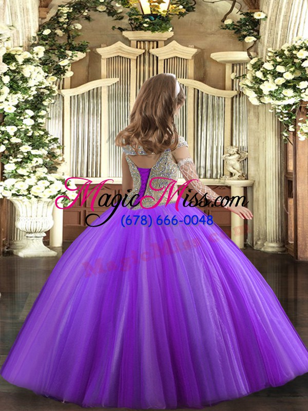 wholesale fuchsia tulle lace up off the shoulder sleeveless floor length little girl pageant dress beading