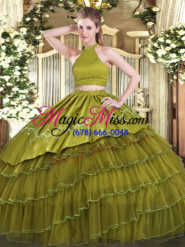wholesale olive green sleeveless organza backless ball gown prom dress for military ball and sweet 16 and quinceanera