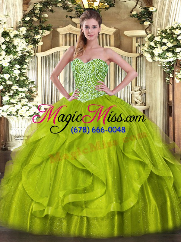 wholesale glittering sweetheart sleeveless 15th birthday dress floor length ruffles yellow green organza