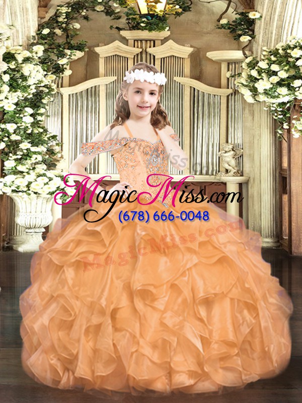 wholesale fancy orange organza lace up off the shoulder sleeveless floor length kids formal wear beading and ruffles